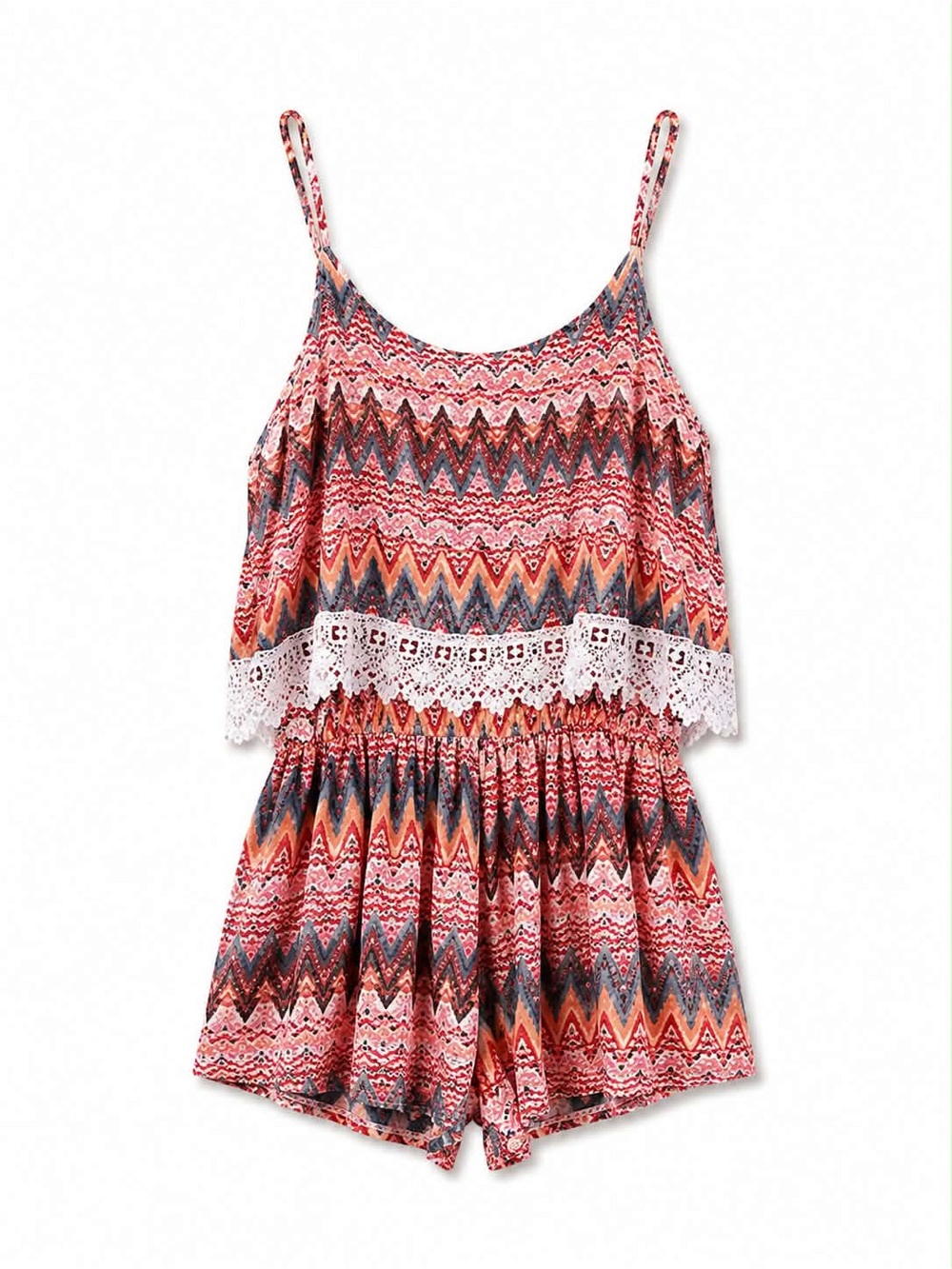 4/$20โก๏ธ Ardene Red Pink Blue Chevron Lace-Trim Romper โ Size Small EUC